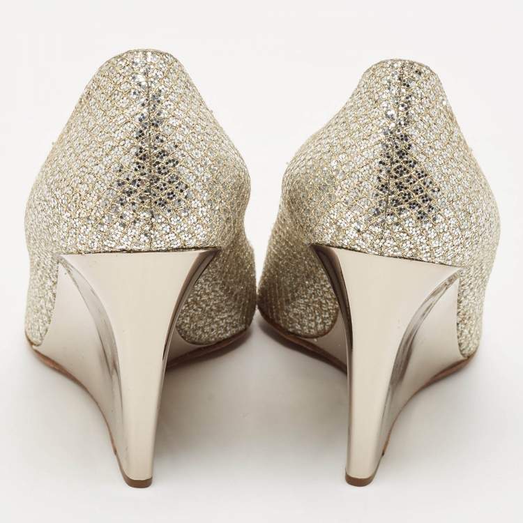 Pre Owned Jimmy Choo Metallic Glitter Baxen Wedge Pumps Size 39