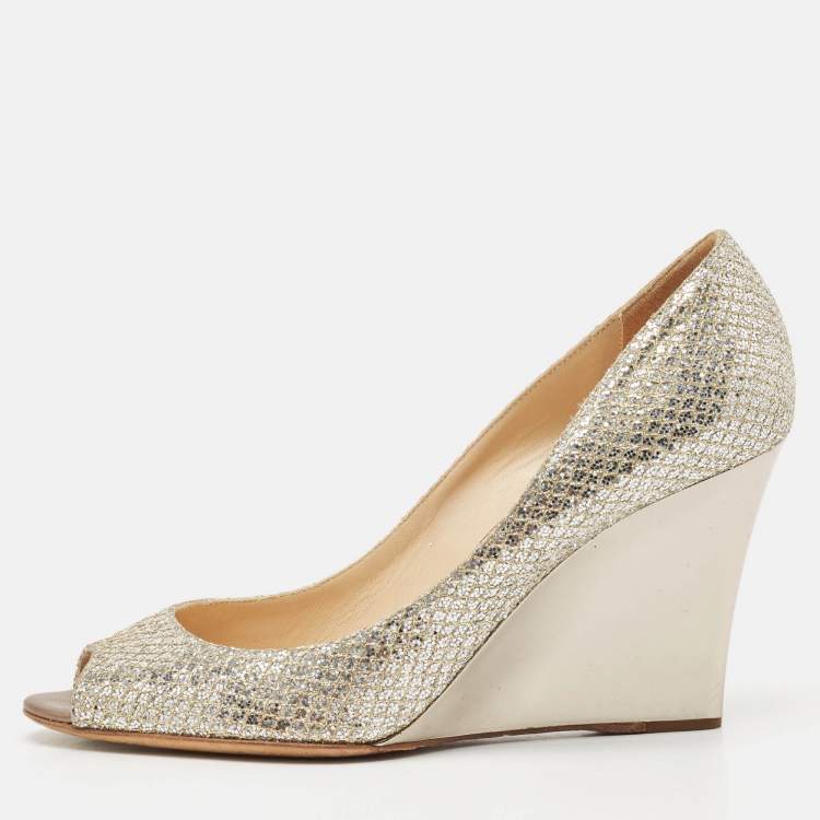 Pre Owned Jimmy Choo Metallic Glitter Baxen Wedge Pumps Size 39