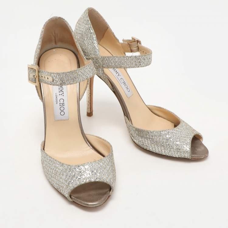 Pre Owned Jimmy Choo Silver Glitter and Lame Fabric Ankle Strap Sandals Size 38