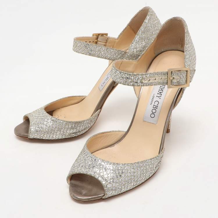 Pre Owned Jimmy Choo Silver Glitter and Lame Fabric Ankle Strap Sandals Size 38