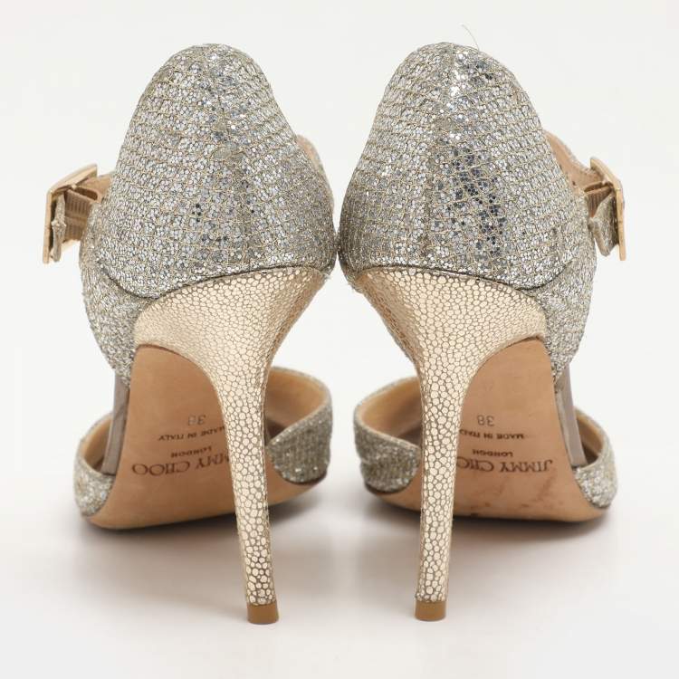 Pre Owned Jimmy Choo Silver Glitter and Lame Fabric Ankle Strap Sandals Size 38