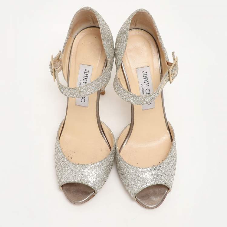 Pre Owned Jimmy Choo Silver Glitter and Lame Fabric Ankle Strap Sandals Size 38
