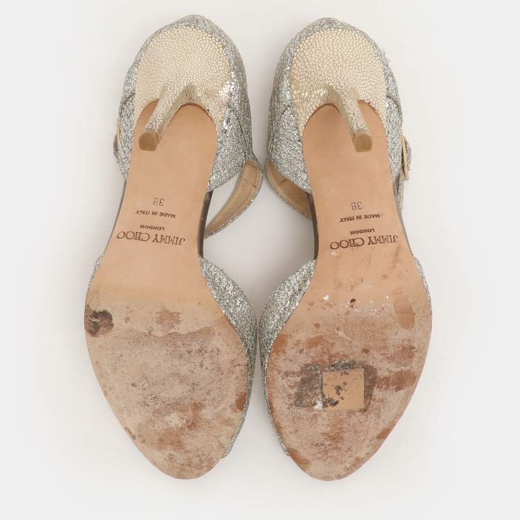 Pre Owned Jimmy Choo Silver Glitter and Lame Fabric Ankle Strap Sandals Size 38