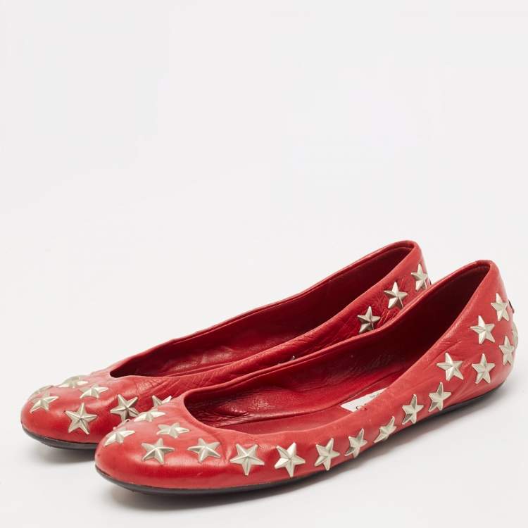 Pre Owned Jimmy Choo Red Leather Windsor Star Embellished Ballet Flat Size 37