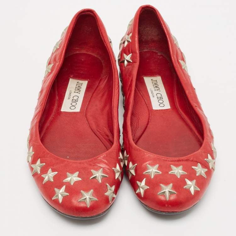 Pre Owned Jimmy Choo Red Leather Windsor Star Embellished Ballet Flat Size 37