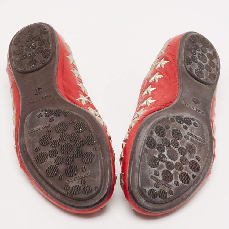 Pre Owned Jimmy Choo Red Leather Windsor Star Embellished Ballet Flat Size 37