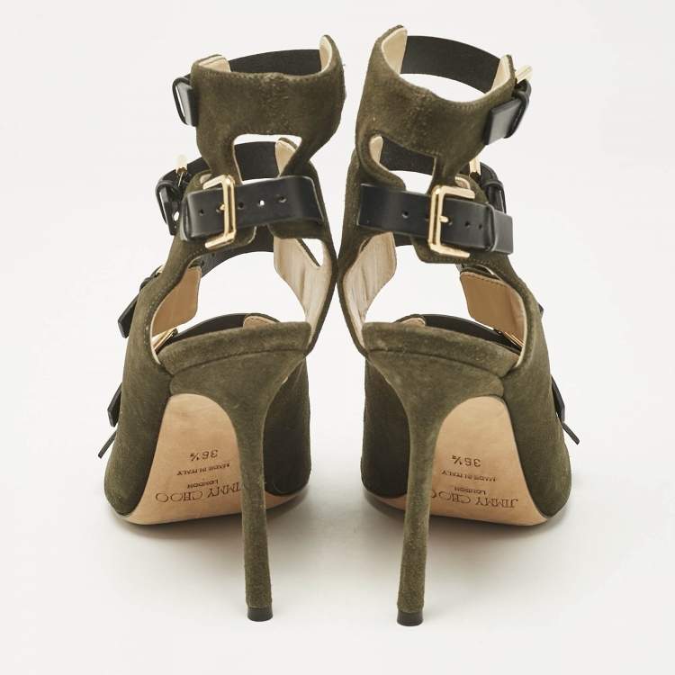 Pre Owned Jimmy Choo Green/Black Suede and Leather Buckle Strappy  Sandals Size 36.5