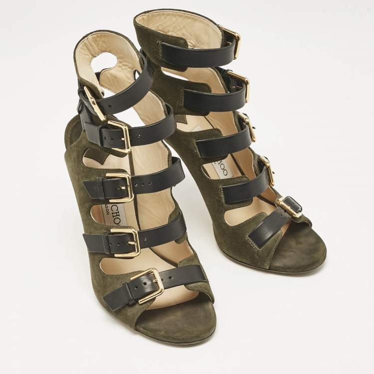 Pre Owned Jimmy Choo Green/Black Suede and Leather Buckle Strappy  Sandals Size 36.5