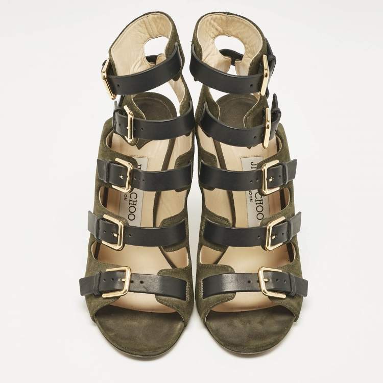Pre Owned Jimmy Choo Green/Black Suede and Leather Buckle Strappy  Sandals Size 36.5