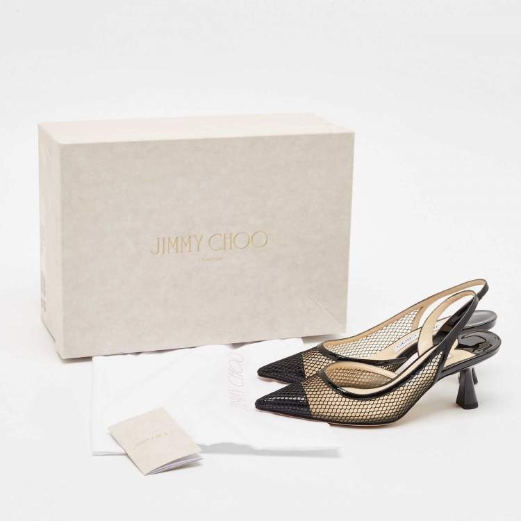 Pre Owned Jimmy Choo Black Patent Leather and Mesh Fetto Slingback Pumps Size 35