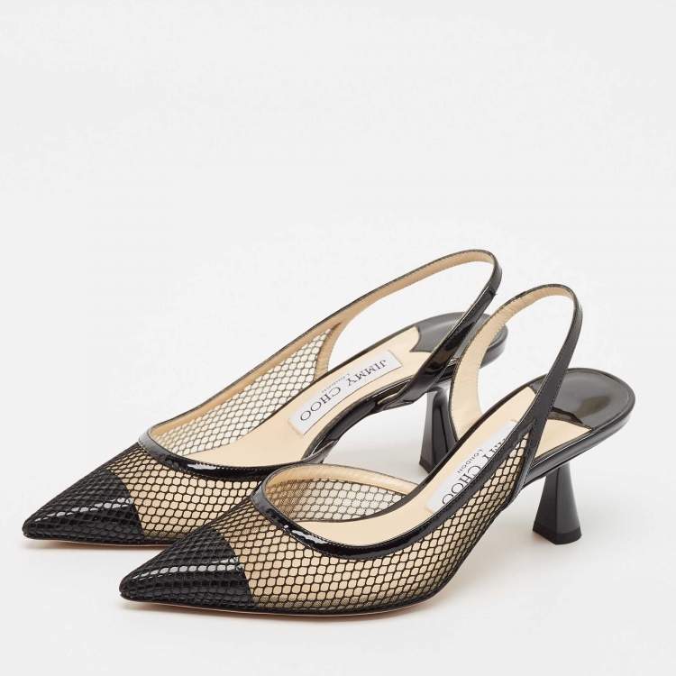 Pre Owned Jimmy Choo Black Patent Leather and Mesh Fetto Slingback Pumps Size 35