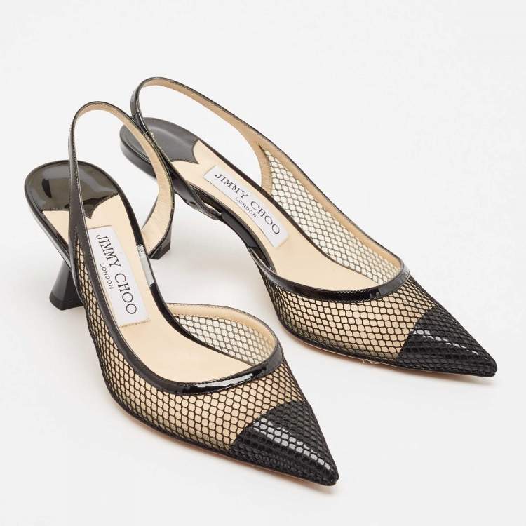 Pre Owned Jimmy Choo Black Patent Leather and Mesh Fetto Slingback Pumps Size 35