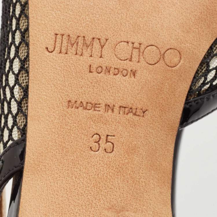 Pre Owned Jimmy Choo Black Patent Leather and Mesh Fetto Slingback Pumps Size 35