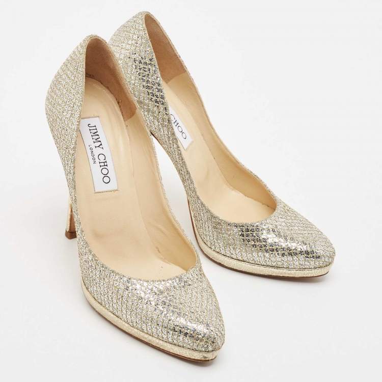 Pre Owned Jimmy Choo Silver/Gold Glitter and Leather Ailsa Pumps Size 36