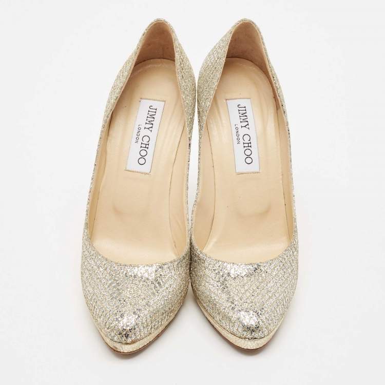 Pre Owned Jimmy Choo Silver/Gold Glitter and Leather Ailsa Pumps Size 36