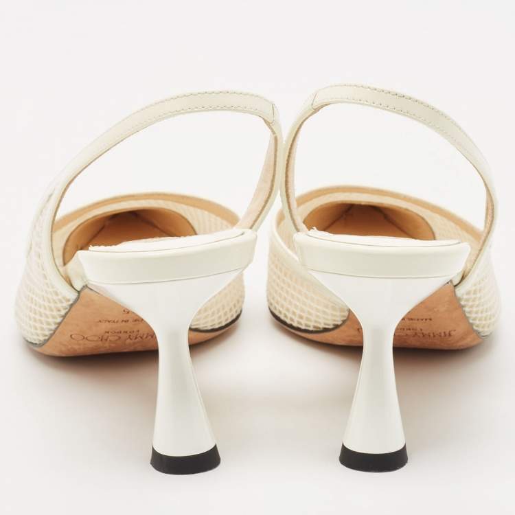 Pre Owned Jimmy Choo White Patent Leather and Mesh Fetto Slingback Pumps Size 35