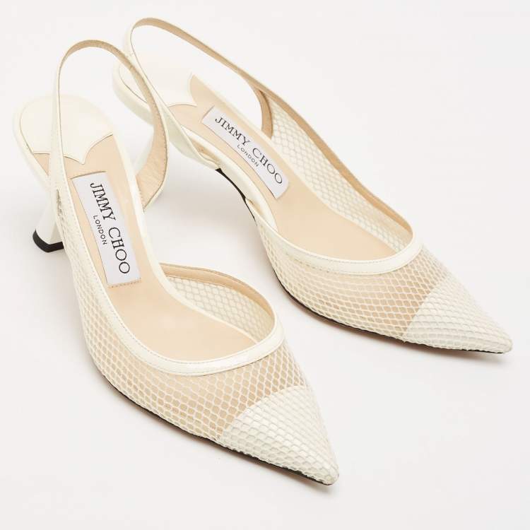 Pre Owned Jimmy Choo White Patent Leather and Mesh Fetto Slingback Pumps Size 35