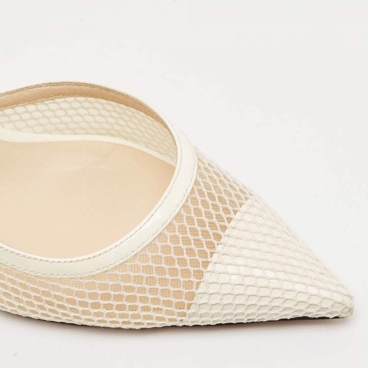 Pre Owned Jimmy Choo White Patent Leather and Mesh Fetto Slingback Pumps Size 35