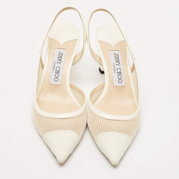 Pre Owned Jimmy Choo White Patent Leather and Mesh Fetto Slingback Pumps Size 35