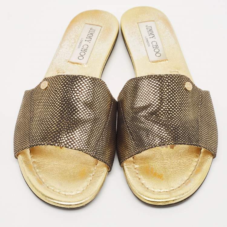 Pre Owned Jimmy Choo Gold/Black Embossed Leather Nanda Flat Slides Size 37.5