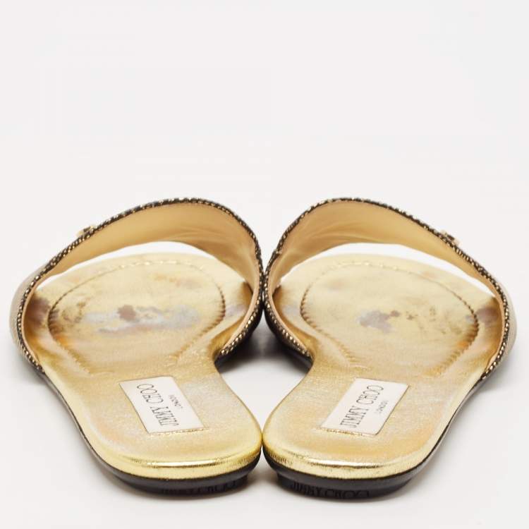 Pre Owned Jimmy Choo Gold/Black Embossed Leather Nanda Flat Slides Size 37.5