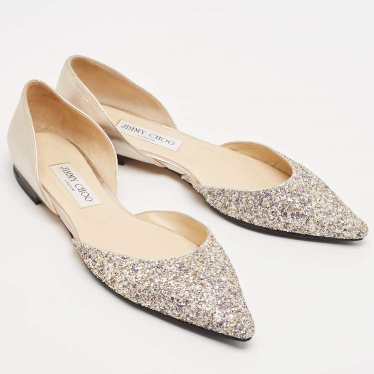 Pre Owned Jimmy Choo Metallic Leather and Glitter Esther Ballet Flats Size 39.5