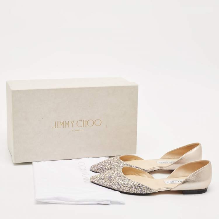 Pre Owned Jimmy Choo Metallic Leather and Glitter Esther Ballet Flats Size 39.5
