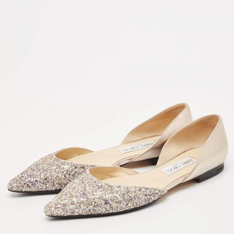 Pre Owned Jimmy Choo Metallic Leather and Glitter Esther Ballet Flats Size 39.5