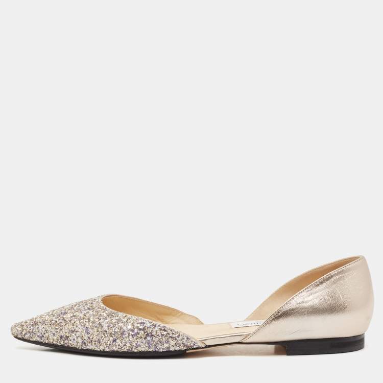 Pre Owned Jimmy Choo Metallic Leather and Glitter Esther Ballet Flats Size 39.5