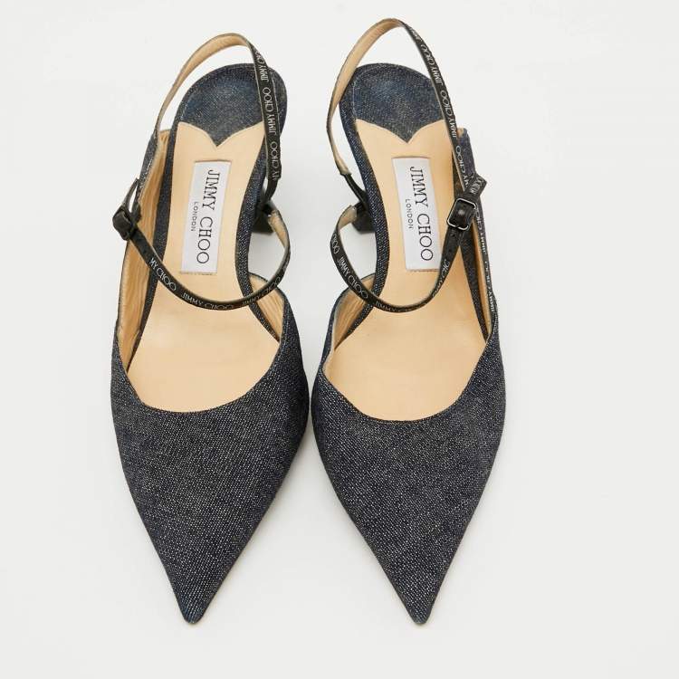 Pre Owned Jimmy Choo Navy Blue Denim Pointed Toe Ray Logo Slingback Pumps Size 40