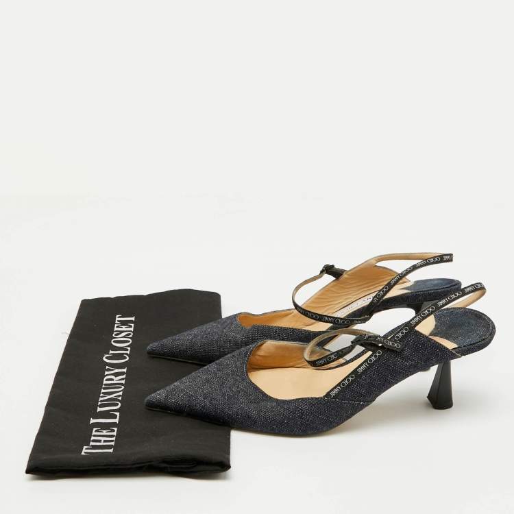 Pre Owned Jimmy Choo Navy Blue Denim Pointed Toe Ray Logo Slingback Pumps Size 40