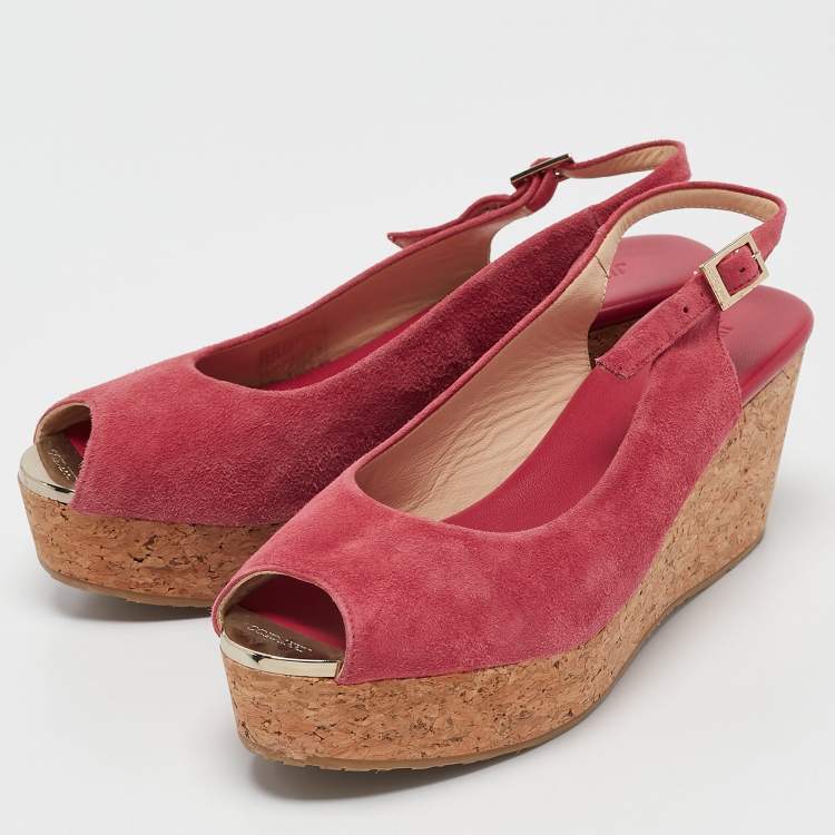 Pre Owned  Jimmy Choo Pink Suede Cork Wedge Sandals Size Size 39