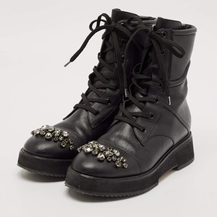 Pre Owned Jimmy Choo Black Leather Crystal Embellished Hadley Ankle Boots Size 39
