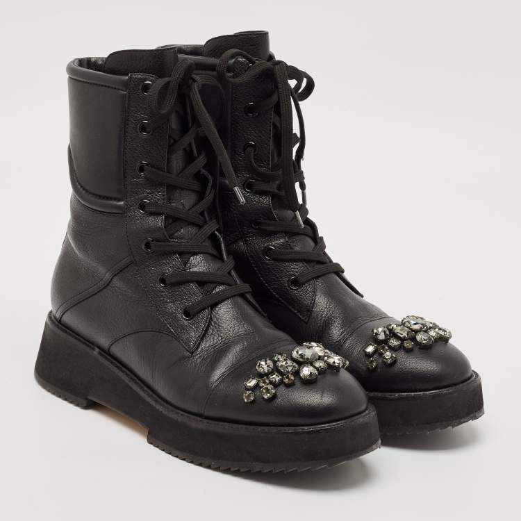 Pre Owned Jimmy Choo Black Leather Crystal Embellished Hadley Ankle Boots Size 39