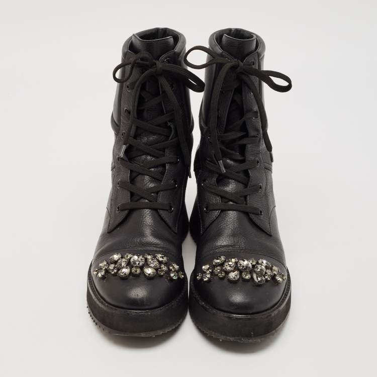 Pre Owned Jimmy Choo Black Leather Crystal Embellished Hadley Ankle Boots Size 39