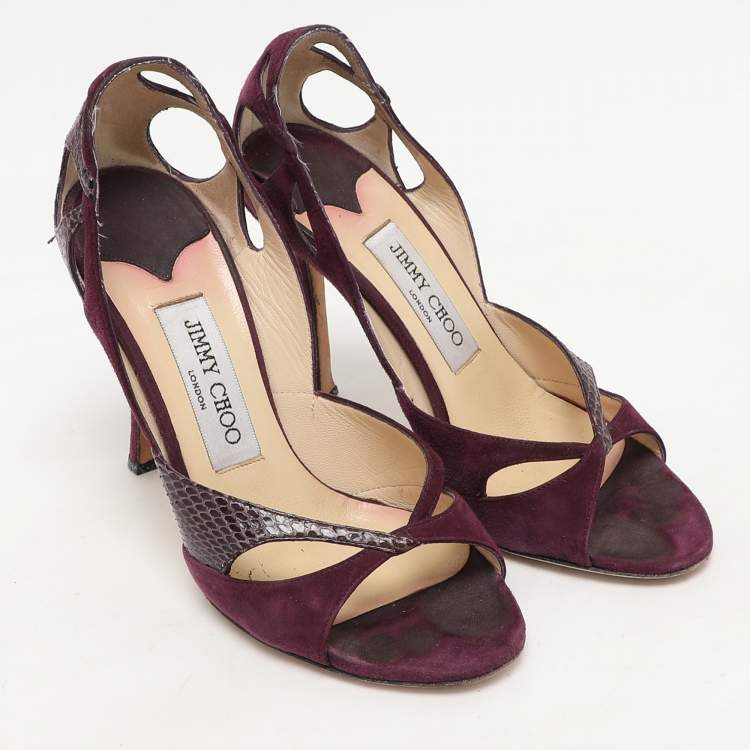 Pre Owned Jimmy Choo Purple Snakeskin Leather and Suede Peep Toe Sandals Size 36.5