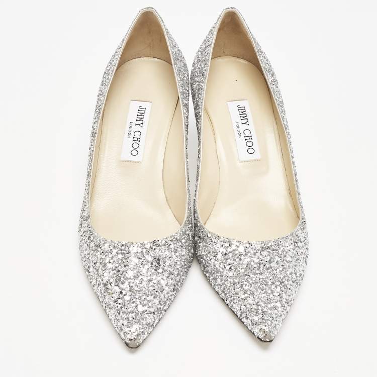 Pre Owned Jimmy Choo Silver Glitter Aza Pumps Size 40