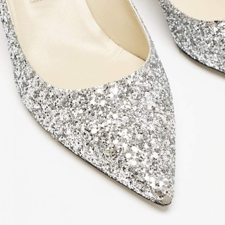 Pre Owned Jimmy Choo Silver Glitter Aza Pumps Size 40