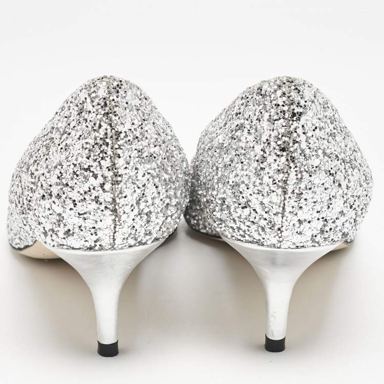 Pre Owned Jimmy Choo Silver Glitter Aza Pumps Size 40