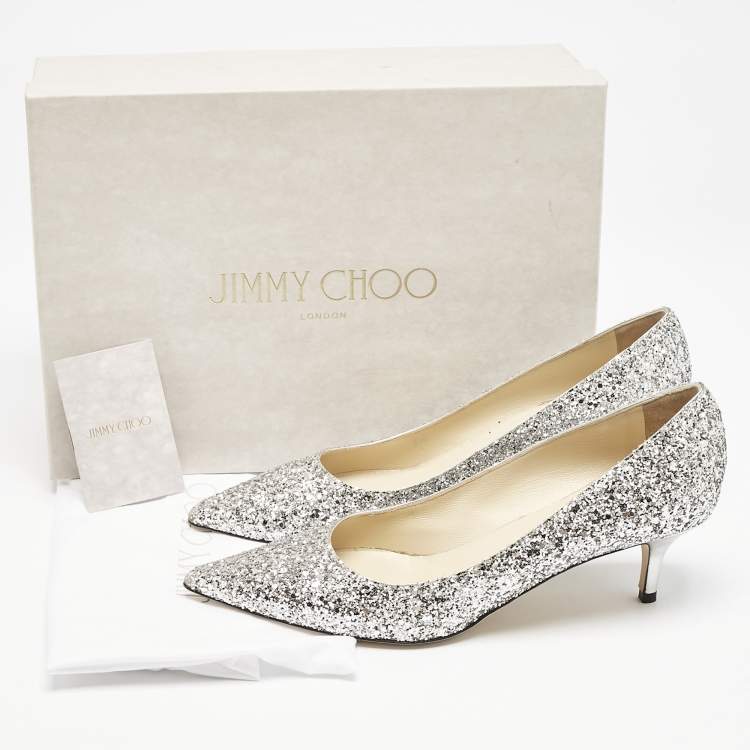 Pre Owned Jimmy Choo Silver Glitter Aza Pumps Size 40