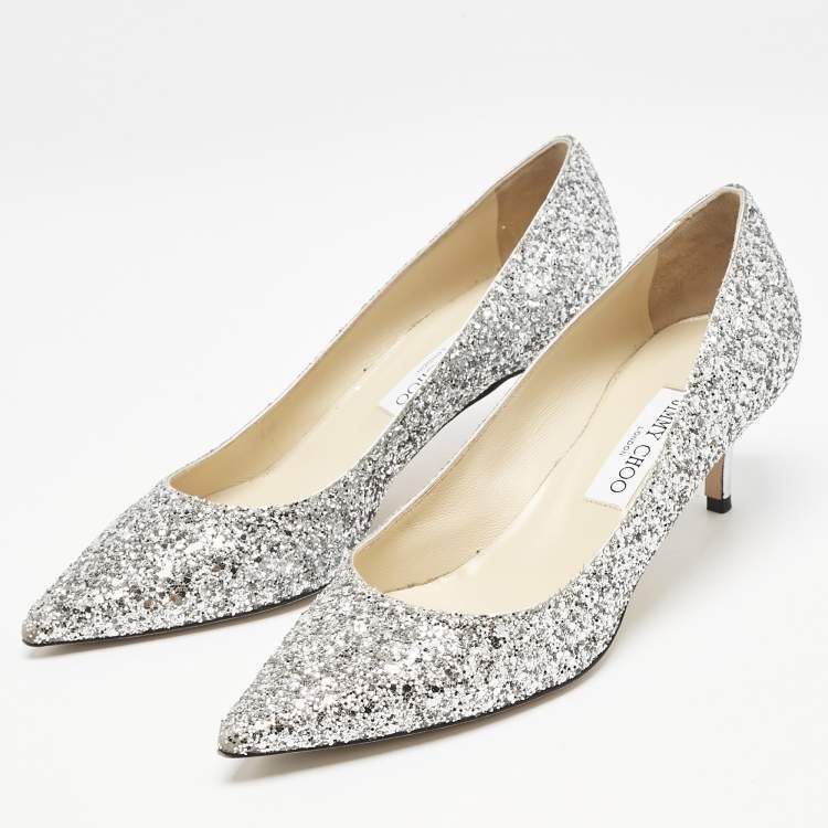 Pre Owned Jimmy Choo Silver Glitter Aza Pumps Size 40