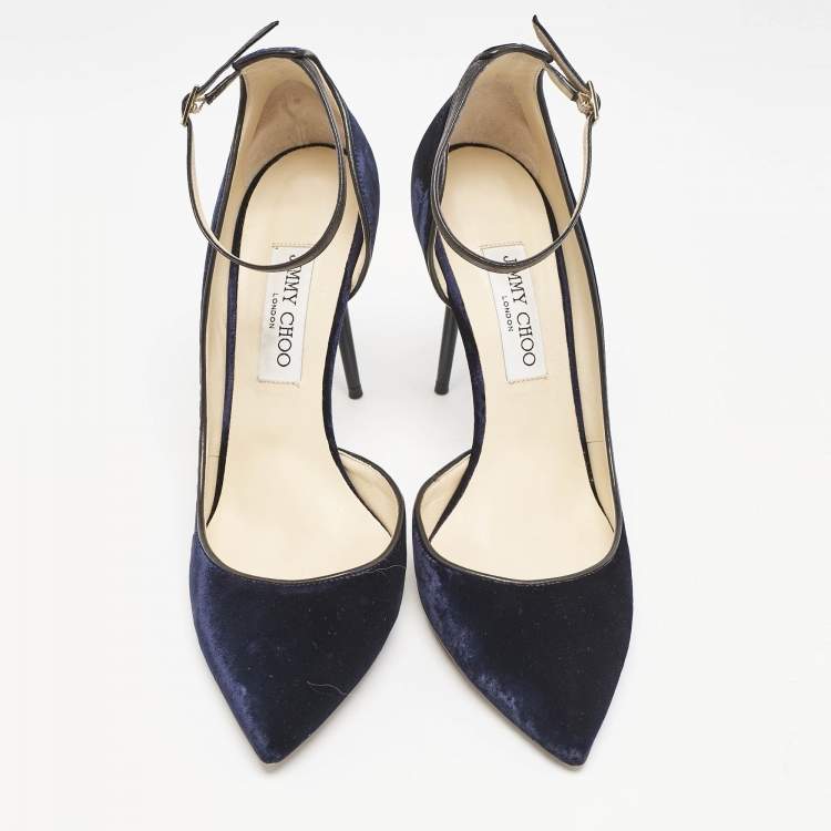 Pre Owned Jimmy Choo Navy Blue Velvet Lucy Ankle Strap Pumps Size 41