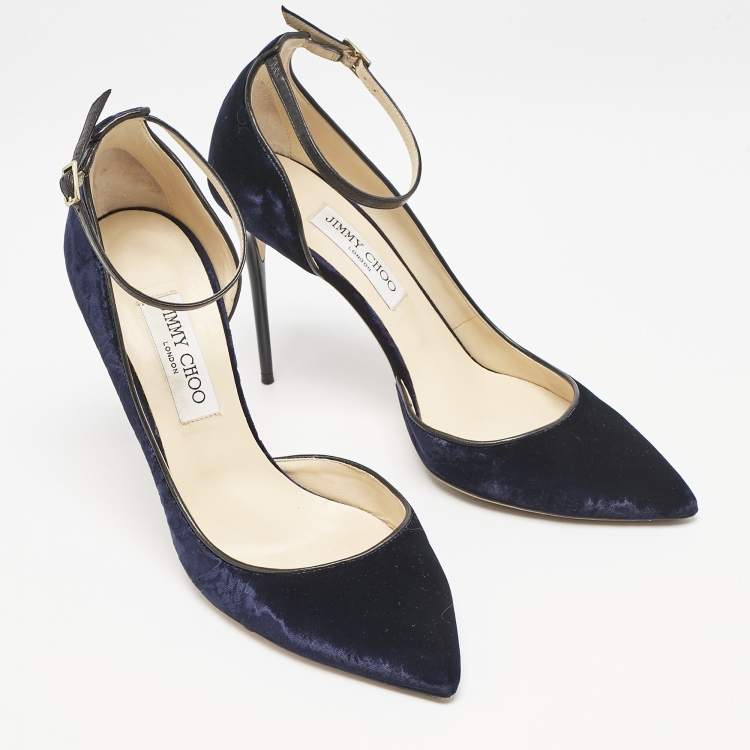 Pre Owned Jimmy Choo Navy Blue Velvet Lucy Ankle Strap Pumps Size 41