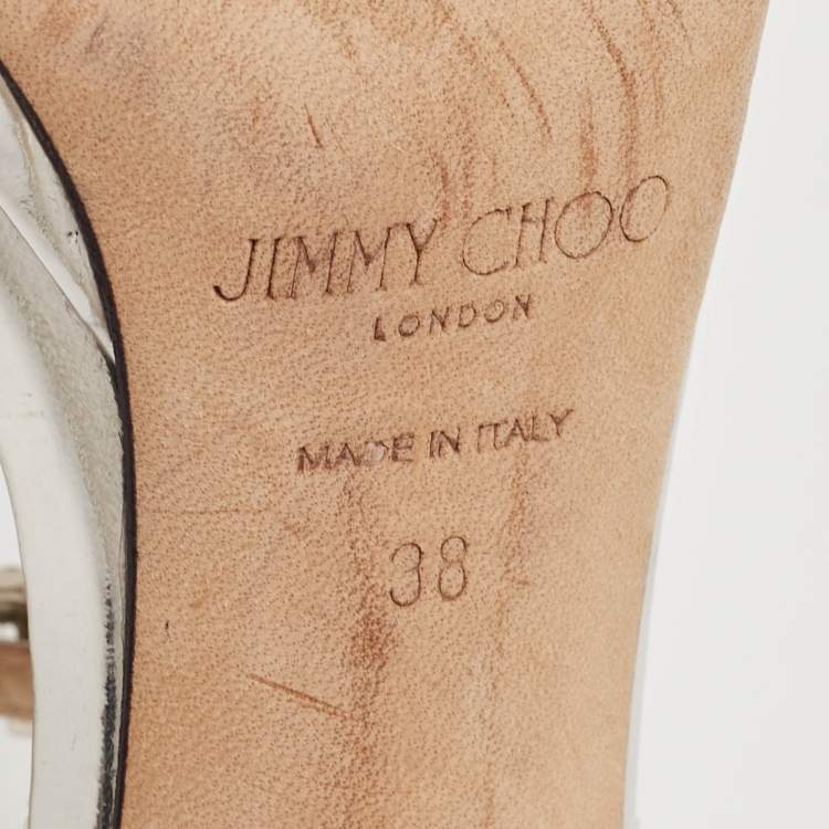 Pre Owned Jimmy Choo Silver Leather Crystal Embellished Ankle Strap Sandals Size 38