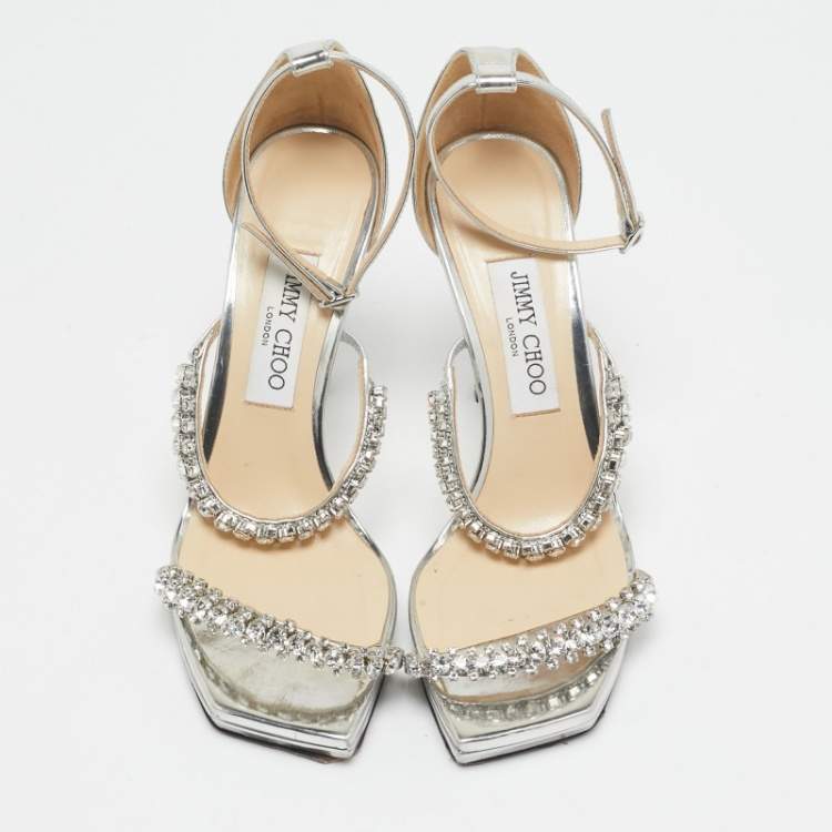 Pre Owned Jimmy Choo Silver Leather Crystal Embellished Ankle Strap Sandals Size 38