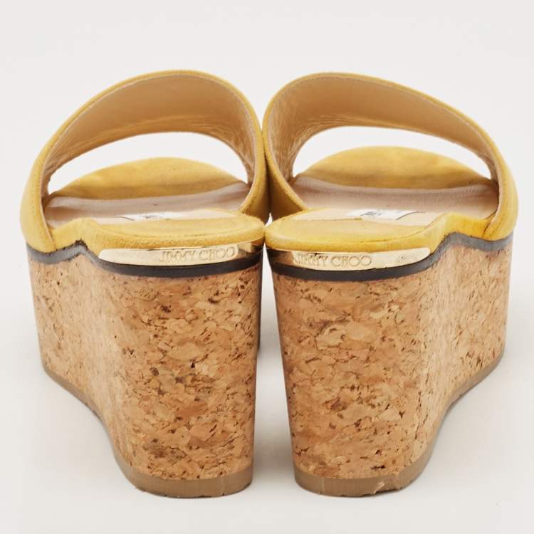 Pre Owned Jimmy Choo Yellow Suede Cork Wedge Platform Slide Sandals Size 37.5