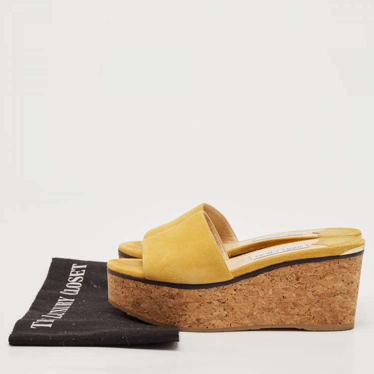 Pre Owned Jimmy Choo Yellow Suede Cork Wedge Platform Slide Sandals Size 37.5