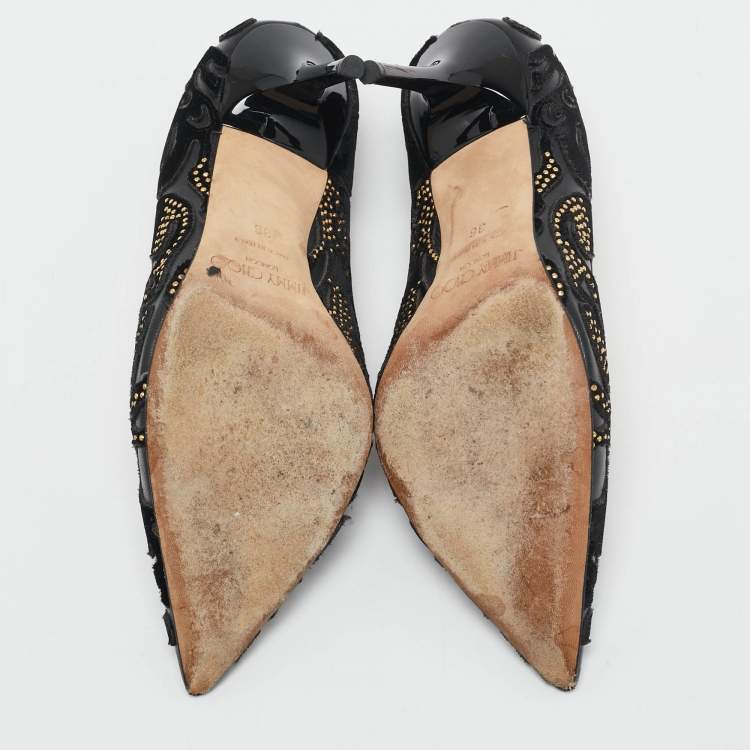 Pre Owned  Jimmy Choo Black Leather and Velvet  Abel Kid Pointed Toe Pumps Size 36.5 
