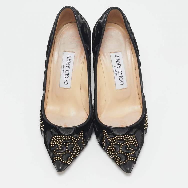 Pre Owned  Jimmy Choo Black Leather and Velvet  Abel Kid Pointed Toe Pumps Size 36.5 