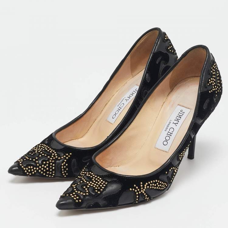 Pre Owned  Jimmy Choo Black Leather and Velvet  Abel Kid Pointed Toe Pumps Size 36.5 